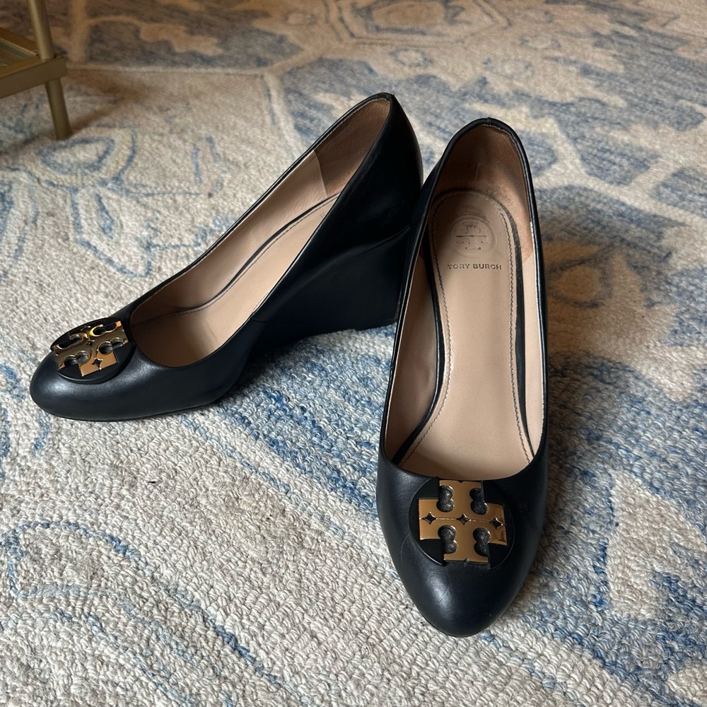 Tory Burch Logo Black Wedge Heel 7